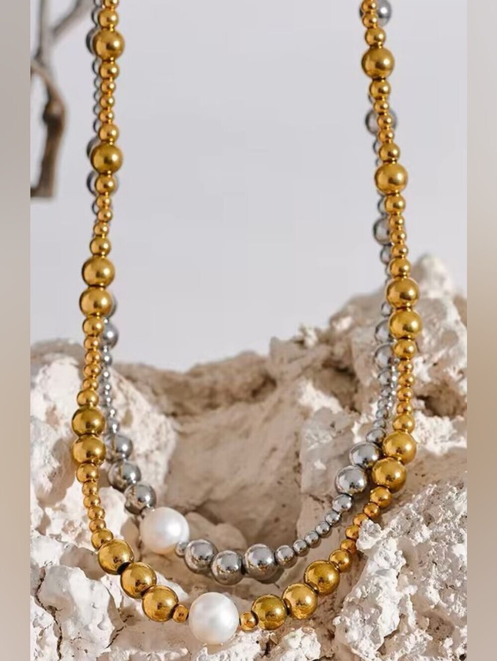 Silver color Beaded Necklace with Pearl Accent - Picture 7 of 8